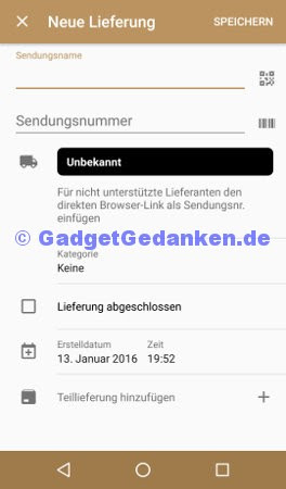 Screenshot: Lieferung hinzufügen