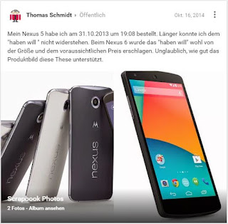 Google Plus Post vom 16.10.2014: Nexus 6 zu groß und zu teuer