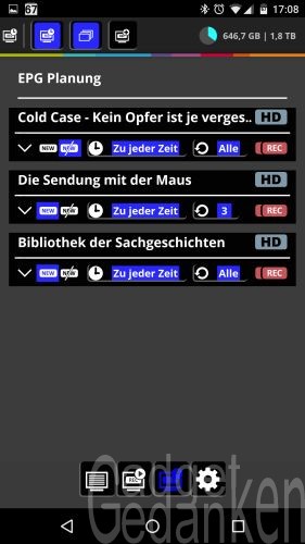 DVBLink Server in der Android App Übersicht der programmierten Aufnahmen