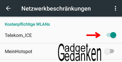 Das WLAN Eures mobilen Hotspot oder das kostenpflichtige Hotel/ICE WLAN als kostenpflichtig markieren. Wenn der Schalter farbig ist, ist die Option ausgewählt.