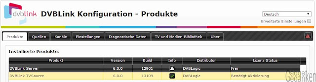 Screenshot: DVBLink TV Source benötigt Aktivierung