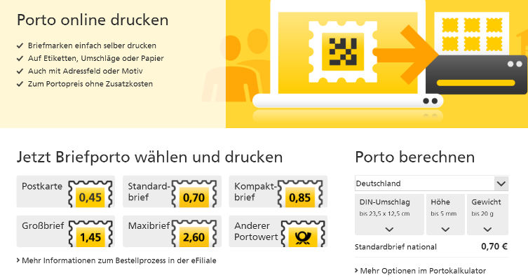 (Screenshot www.deutschepost.de)
Internetmarke bestellen: Porto auswählen