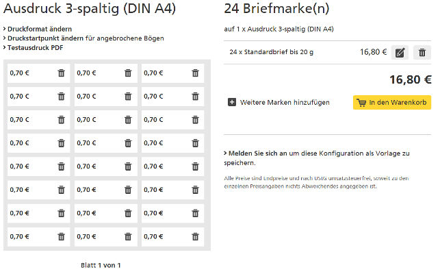 (Screenshot www.efiliale.de)
Internetmarke bestellen: Druck vorbereiten