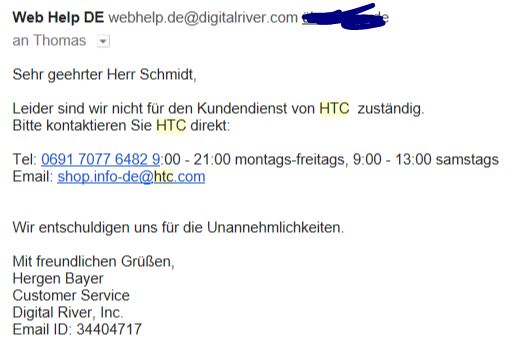 Screenshot: Antwort von Digitalriver auf meinen Widerruf - Man sei nicht zuständig