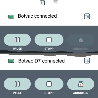 Neato-App: Andocken-Button während der Reinigung
oben: Botvac connected
unten: Botvac D7 connected
